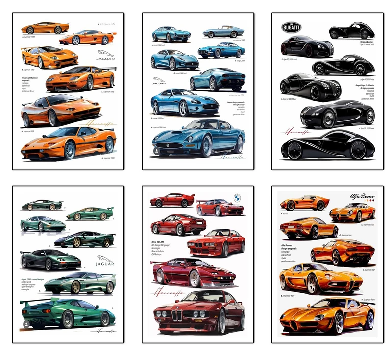 DKORARTE Set of 6 Wooden Base Paintings, Living Room Decoration, Modern, Bedrooms, Room, Evolution Supersports Cars with Metal Hangers, (38 x 29 cm Each Frame)