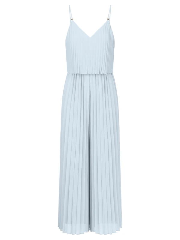 APART Fashion Women Pleated Jumpsuit 2 in 1 Wide Leg Backless Outfit V Neck Sleeveless Dress Braided Spaghetti Straps with Pearl Wedding Guest Clothes