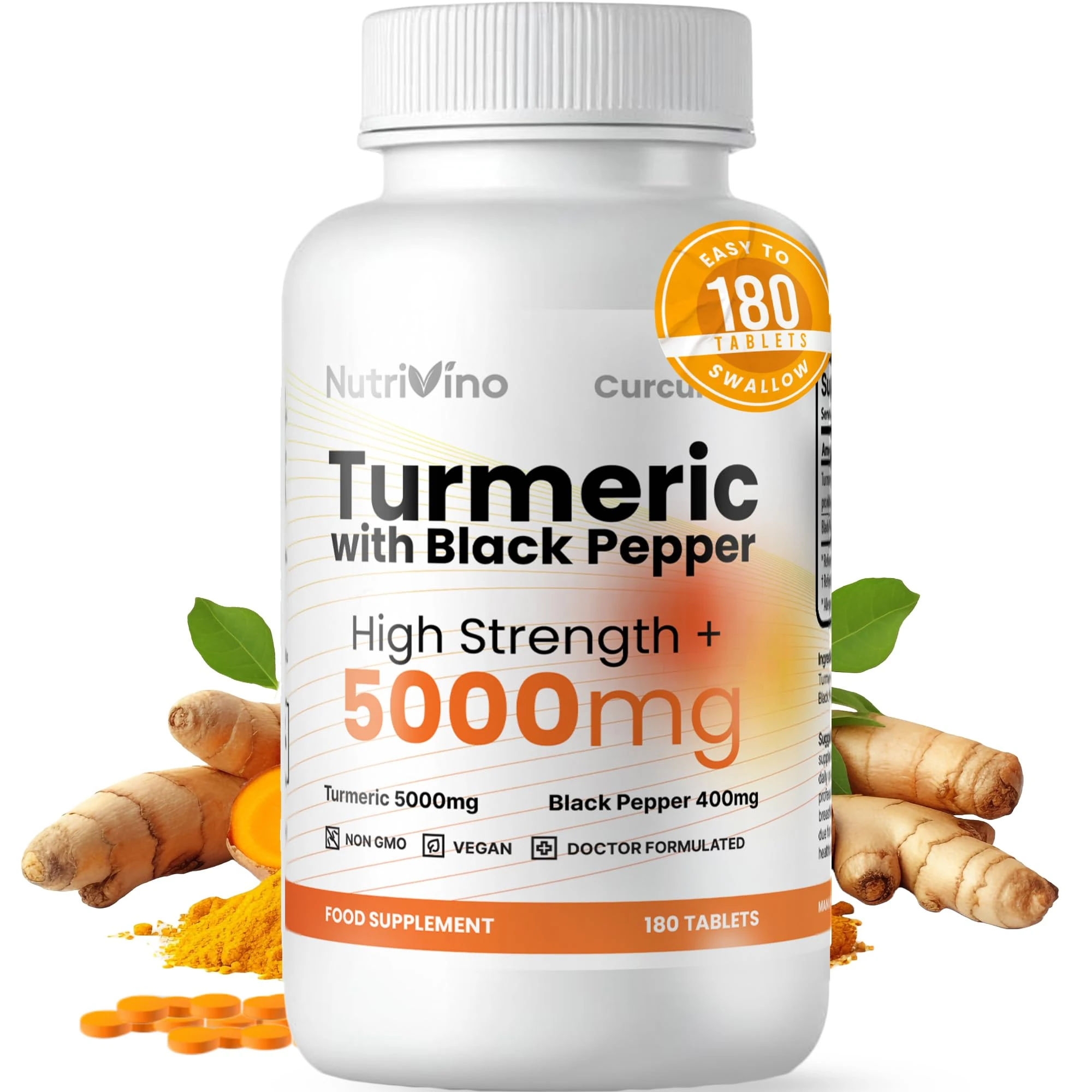 Turmeric Tablets 5000mg with Black Pepper | 95% Curcumin Extract | 180 Easy to Swallow Tiny Turmeric and Black Pepper Tablets | Vegan & Cruelty-Free | Supplements for Men and Women by Nutrivino