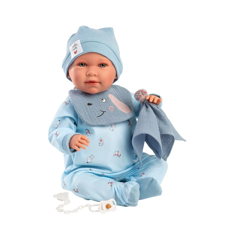 Llorens Mimi 1027420 Baby Doll with Blue Eyes and Soft Body, Baby Doll with Puppy Outfit, Dummy, Dummy Chain and Cuddle Cloth, 42 cm