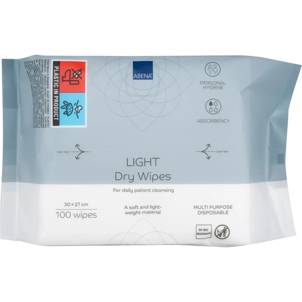 ABENA Light Dry Wipes, 1 Pack of 100 Wipes, 30 x 27cm, Absorbency Level 1, Multifunctional Cleansing, Easy & Effective Everyday Cleaning, Disposable Towels