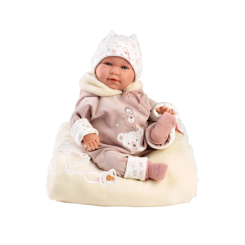Llorens Mimi 1017406 Baby Doll with Blue Eyes and Soft Body, Baby Doll with Bear Oufit, Dummy, Dummy Chain and Cuddly Cushion, 42 cm