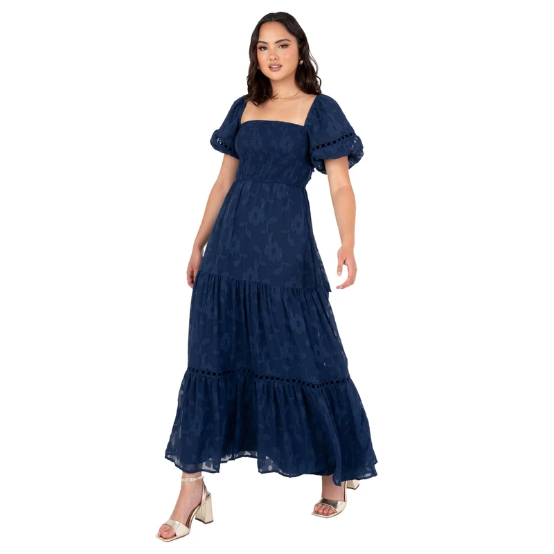 Lovedrobe Women's Maxi Dress Ladies Square Neckline Puff Sleeve Tiered Hem Floral Chiffon Shirred A-line Tie Back Milkmaid, Navy Blue 20