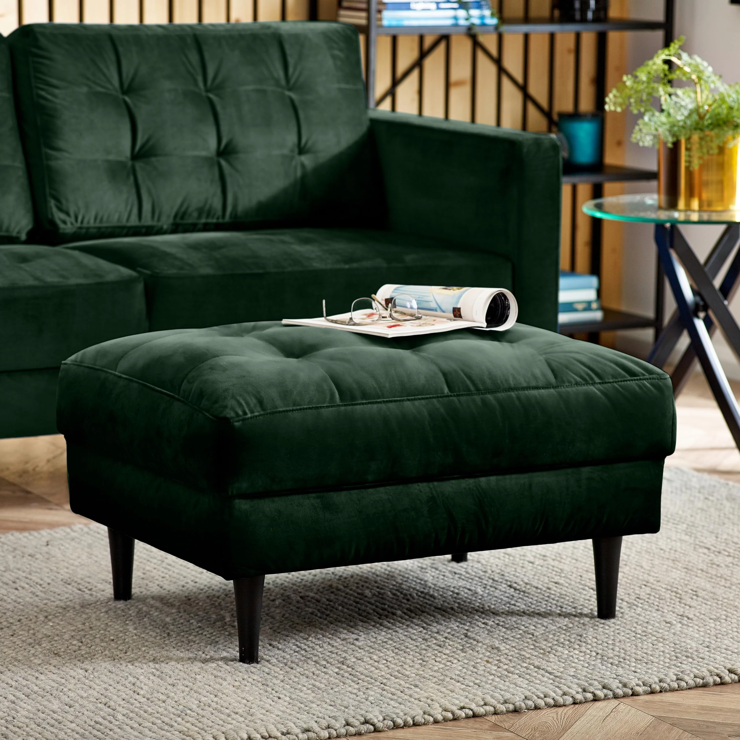 Furniturebox UK Joni Emerald Green Velvet Footstool - Upholstered Modern Green Fabric Foot Stool with Black Wooden Tapered Legs - Square Stitching - Stylish & Contemporary Living Room Furniture