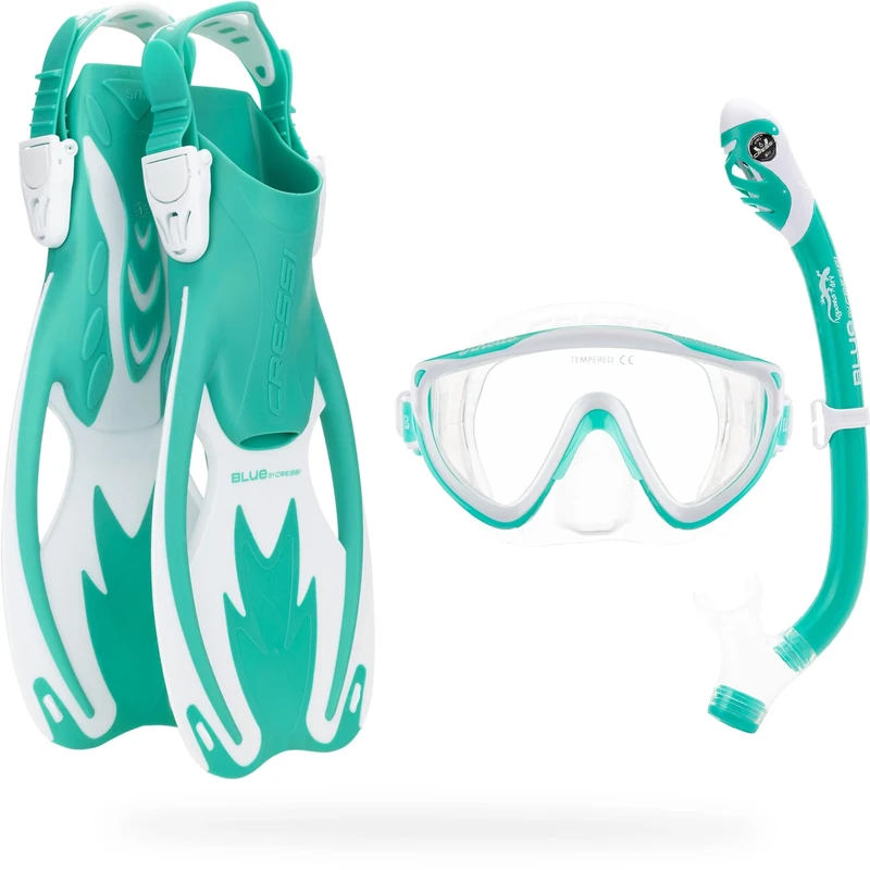 CRESSI Tinetto Rocks Dry Set Aqua Green/White [L/XL] - Kids Snorkeling Set Short Adjustable Fins, Silicone Mask, and Dry Snorkel, Aqua Green/White, L/XL