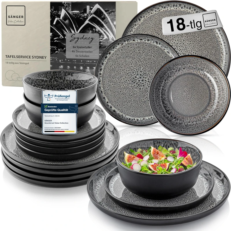 SÄNGER Sydney 18-Piece Earthenware Dinnerware Set for 6, 6 Dinner Plates, 6 Cereal Bowls, 6 Dessert Plates, Dark Grey Scratch Resistant Dinner Set, Value Collection - Image 1