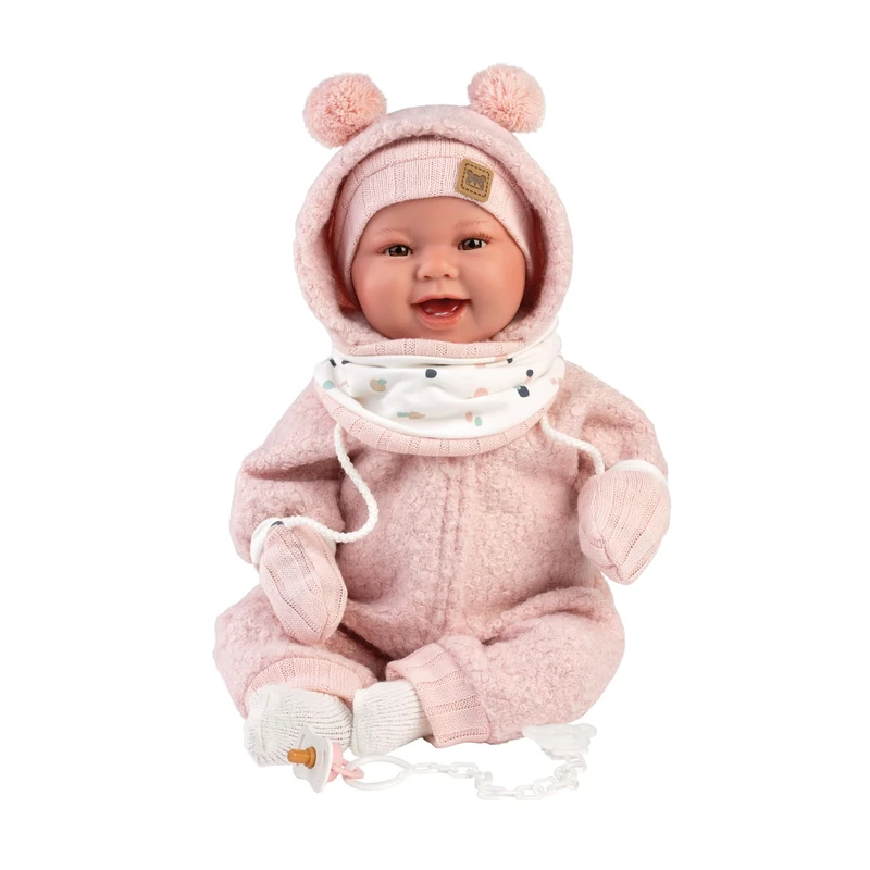 Llorens 1018480 Tala Baby Doll with Brown Eyes and Soft Body, Baby Doll with Fluffy Pink Winter Outfit, Dummy, Dummy Chain, 44 cm