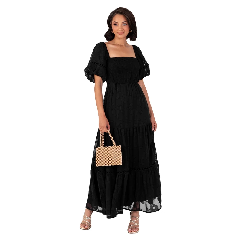 Lovedrobe Women's Maxi Dress Ladies Square Neckline Puff Sleeve Tiered Hem Floral Chiffon Shirred A-line Tie Back Milkmaid, Black 14