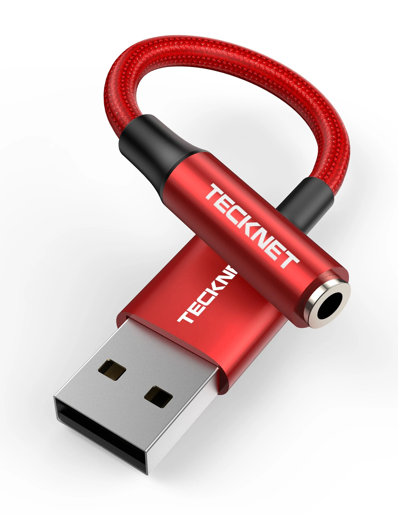 TECKNET External USB Sound Card - 3.5mm Jack Audio Adapter Aux TRRS Headphone Microphone Compatible with PC Laptop PS5 PS4 Switch Mac Windows Linux and More (Red)