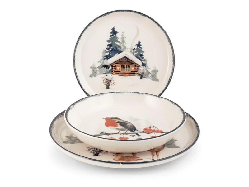 H&H, Frosty 18 Piece Christmas Robin Dinner Set Stoneware Dishwasher Safe