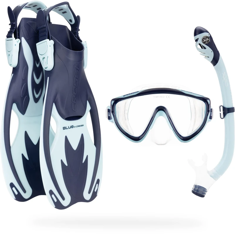 CRESSI Tinetto Rocks Dry Set Blue Navy/Ice Cyan [L/XL] - Kids Snorkeling Set Short Adjustable Fins, Silicone Mask, and Dry Snorkel, Blue Navy/Ice Cyan, L/XL
