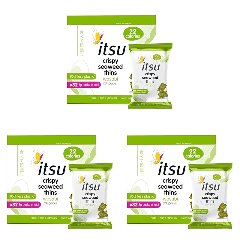 itsu Wasabi Flavour Seaweed Thins | Crispy Seaweed Snacks | NEW Larger Pack (32 x 5g packs) | Vegan, Low Calorie, Healthy Snack, Seaweed Crisps (Pack of 3)