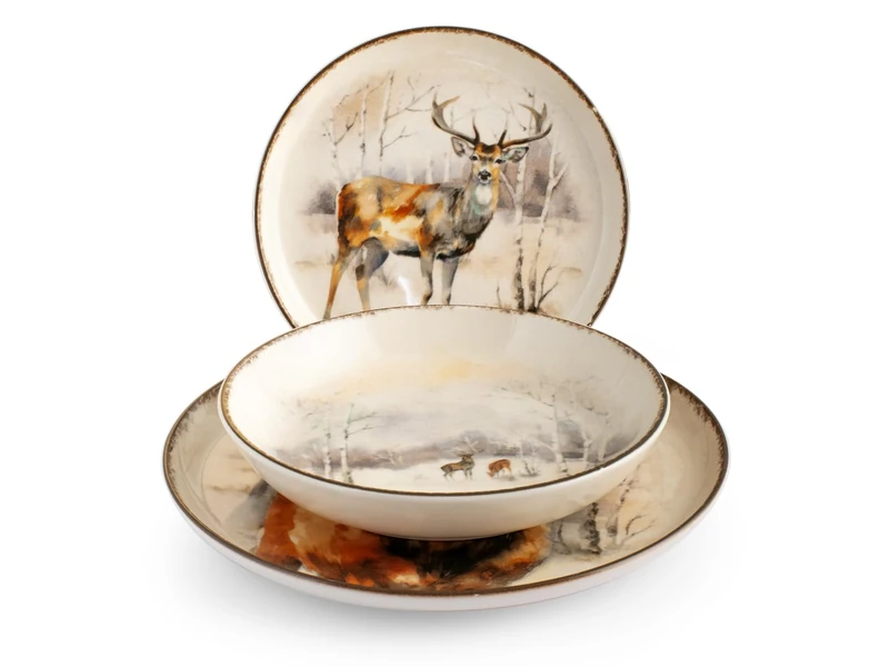 H&H, Hood River 18 Piece Christmas Tableware Set Stag Stoneware Dishwasher Safe