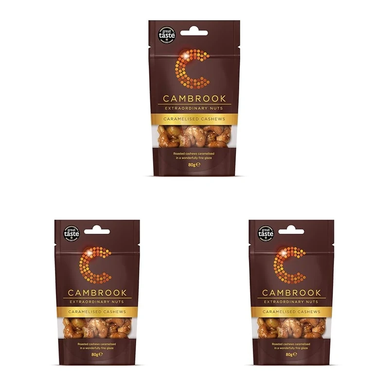 Cambrook - Caramelised Cashews, 80g Bag (Pack of 3)