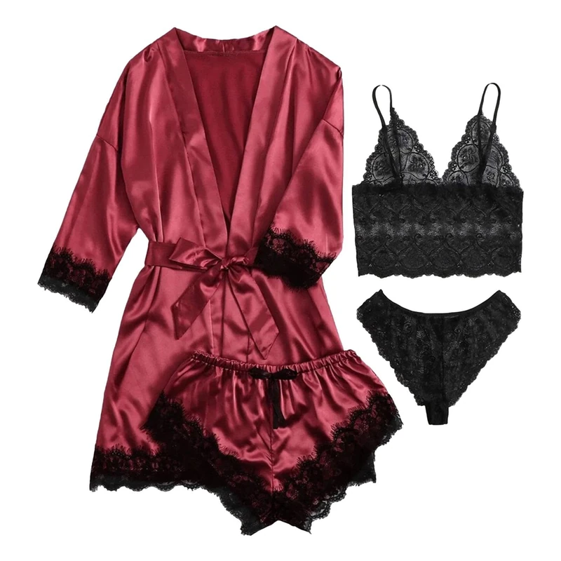 Lace Dress for Women Satin Pajamas Set - Lingerie with Matching Dress | Soft and Comfortable Pajamas Sets for Women Girls for Home Dorm, wine red, XL