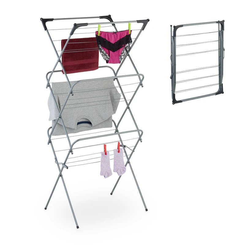 Relaxdays Foldable Laundry Rack, Drying Horse, 18 rods, 136 x 62 x 52 cm, Indoor, Metal, Airing, Space-Saving, Grey, Iron, 136 x 62 x 51 cm - Image 1