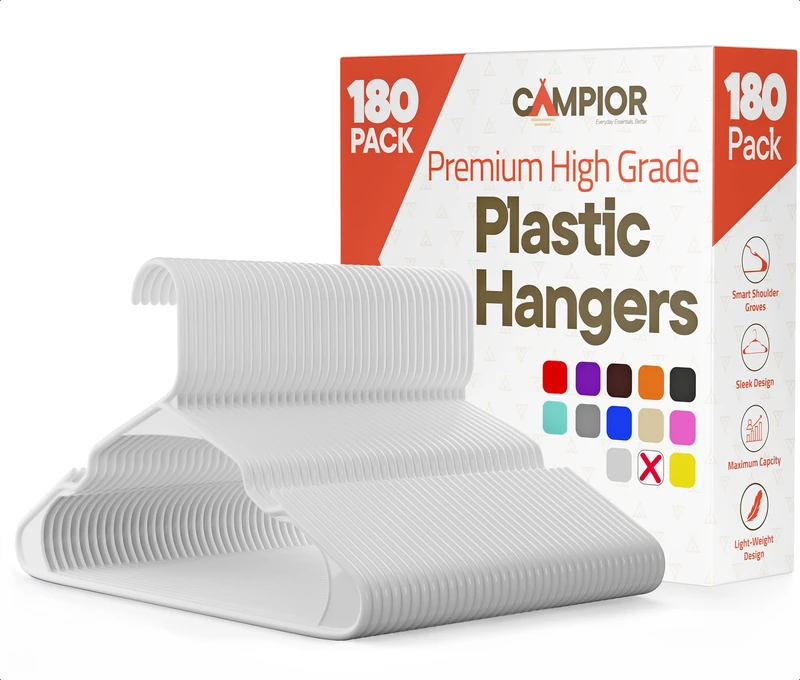 White plastic hangers 180 Pack– Heavy-Duty Plastic Hangers Slim and Space-Saving Hangers, Durable and Lightweight PP Hangers with Non-Slip Shoulder Notches for Slip Dresses, Suits, Jackets & Camisoles