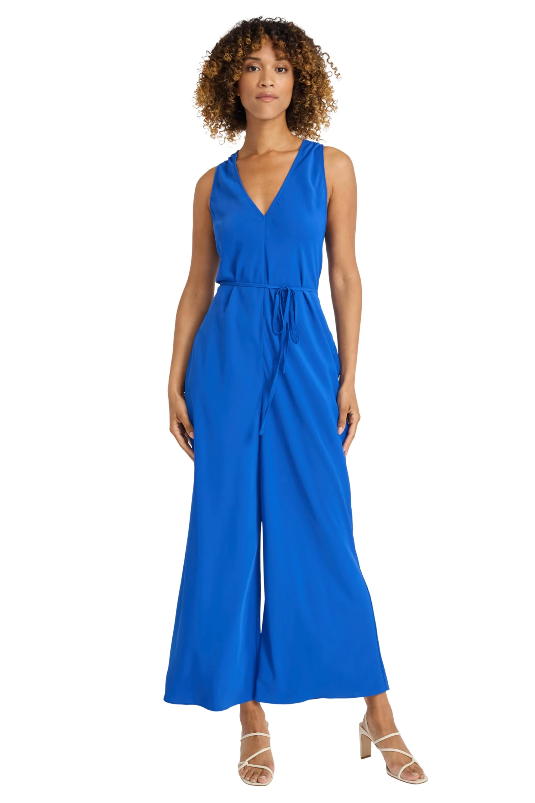 Maggy London Women's Sleek Wide-Leg Jumpsuit-V-Neck Racerback Design Dresses, Blue, 12