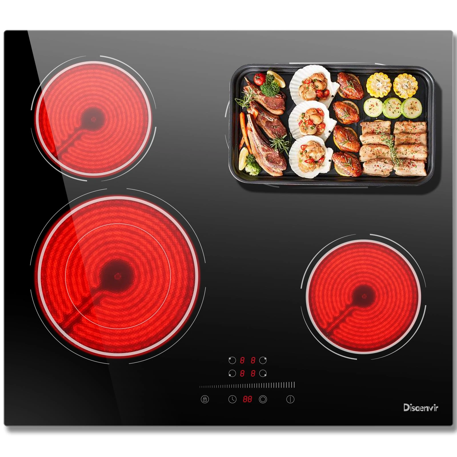 Disaenvir Electric Ceramic Hob 4 Zone, 6600W Built in Electric Hob 4 Burners with Slide & Touch Control, 60cm Hard Wired Cooktop with Dual Ring, Safety Lock, Timer