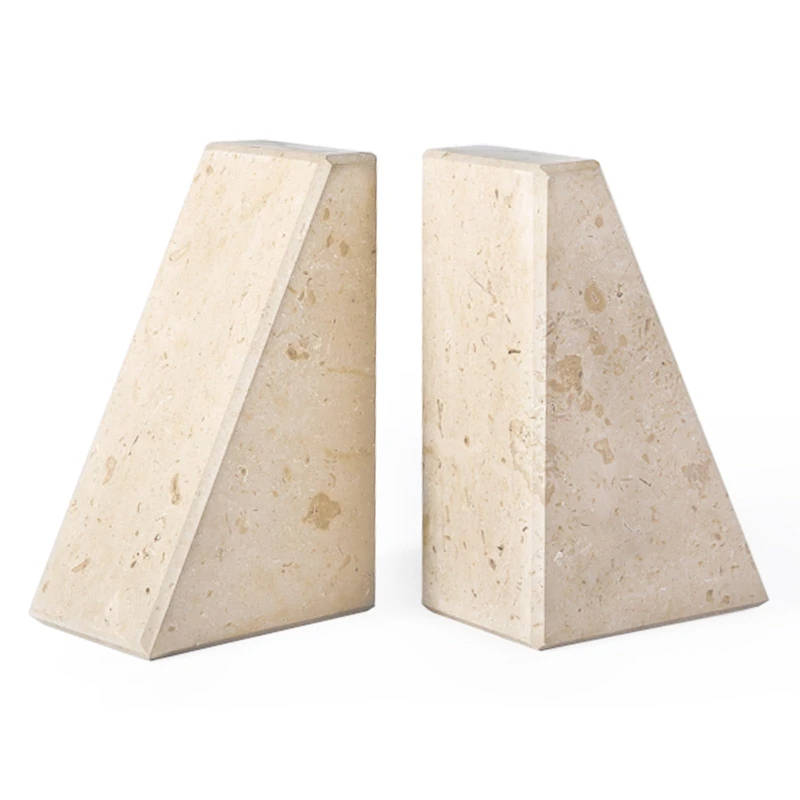 Karibiber Marble Bookends for Heavy Books, Decorative Book Ends for Shelves, Beige Stone Durable and Heavy-Duty Book Ends for Hardback Books & CDS, Unique Book Stopper & Holder, Set of 2
