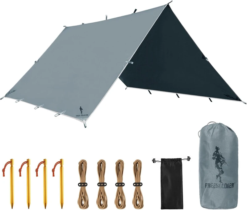 FREE SOLDIER Tarp Waterproof 3 x 3.2 m Ultralight Tarp Tent Tarpaulin UV Protection Camping Awning Tent Outdoor Large for Camping, Hiking, Outdoor Activities (Grey Blue)