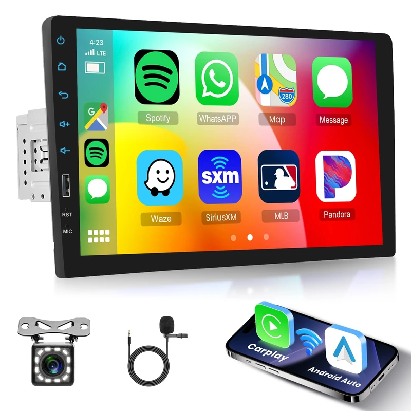 Wireless Carplay Android Auto Single Din Car Stereo, Rimoody 1 Din 9 Inch Touchscreen Car Radio with Bluetooth FM AM Radio Mirror Link TF/USB/AUX Input Car Multimedia Player Backup Camera