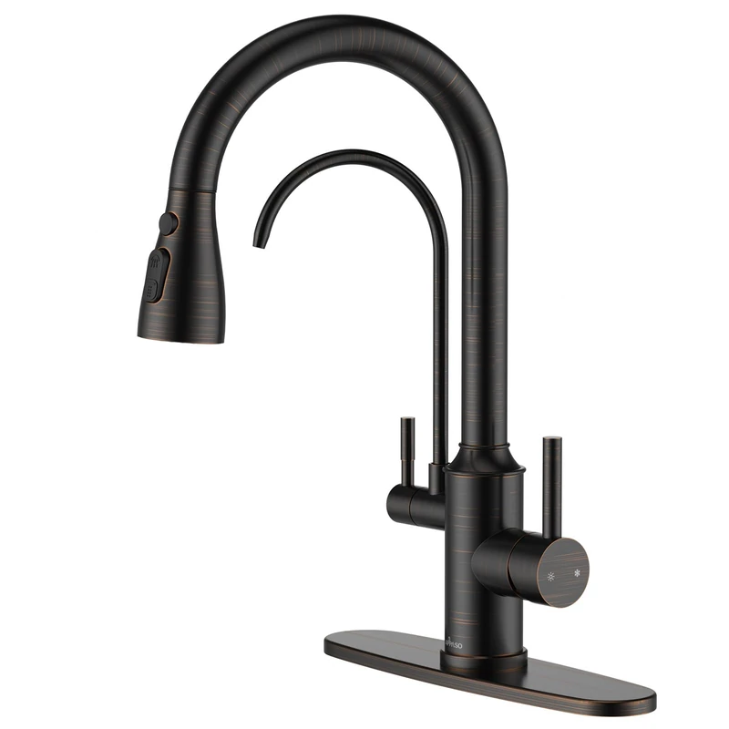 APPASO Kitchen Tap with Water Filter, Without Water Filter, Oil Rubbed Bronze 3-in-1 Kitchen Sink Tap, High Arc 2-Handle 3-Way Kitchen Tap with Pull-Out Shower