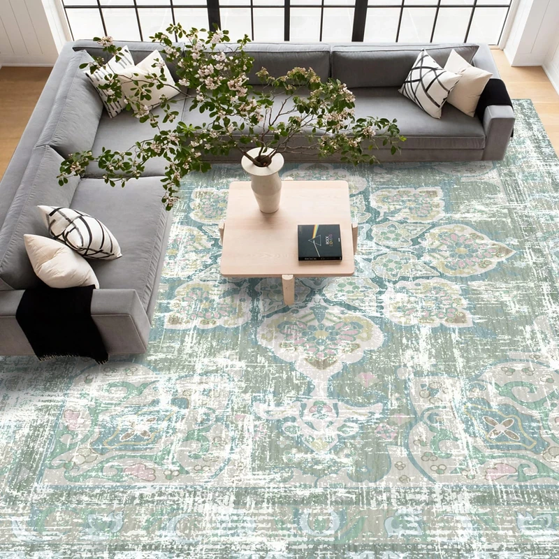Vhong Boho Area Rugs Vintage Washable Neutral Modern Pale Green 9x12 Large Carpet for Farmhouse Living Room Dining Room Bedroom Non Slip