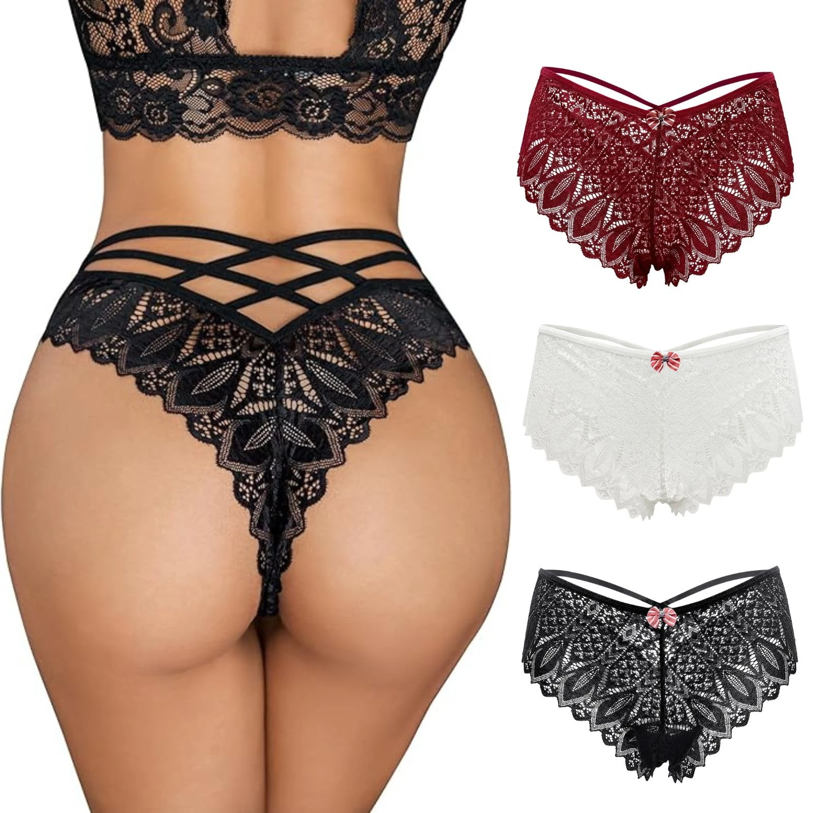 Women's Sexy Lace Criss Cross Panties Cheeky Bikini Underwear Low Rise Thongs Back Hollow Out Knickers Breathable Brief Stretchy Comfortable Tanga (UK, Alpha, L, Regular, Regular, 3 Pairs)