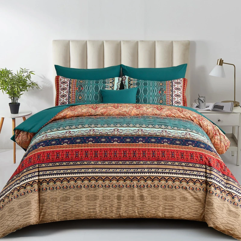 Boho Bedding Set California King Size, 8-Piece, Green and Brown, Bohemian Striped Bed in a Bag, Floral Pattern, Soft Microfiber, Bedding Set for All Seasons