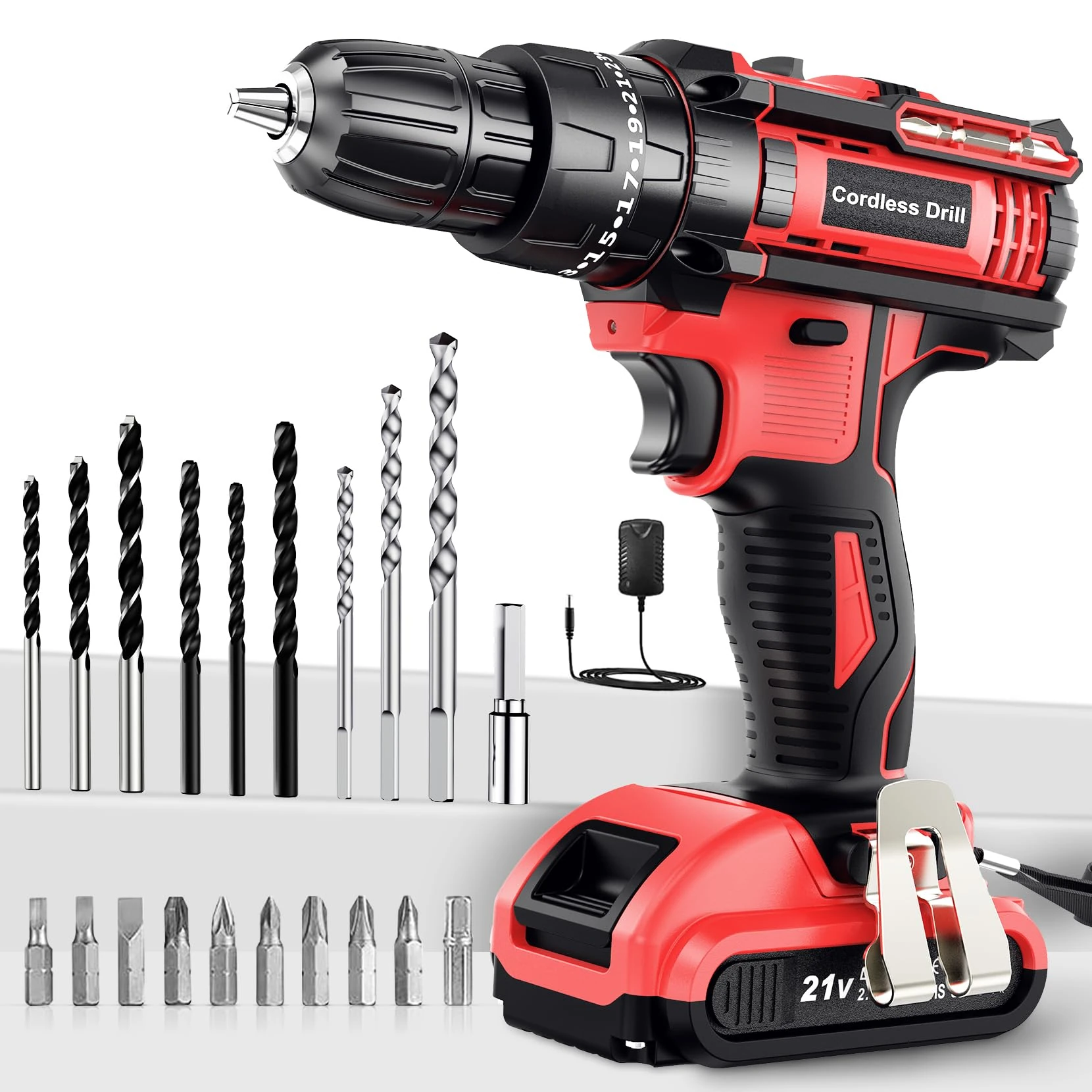 Cordless Drill Driver 21V, Cordless Hammer Drill with Battery 2000mAh, 25+3 Torque, 42N.m Max, 22PCS Accessories, 2 Speed, LED Light