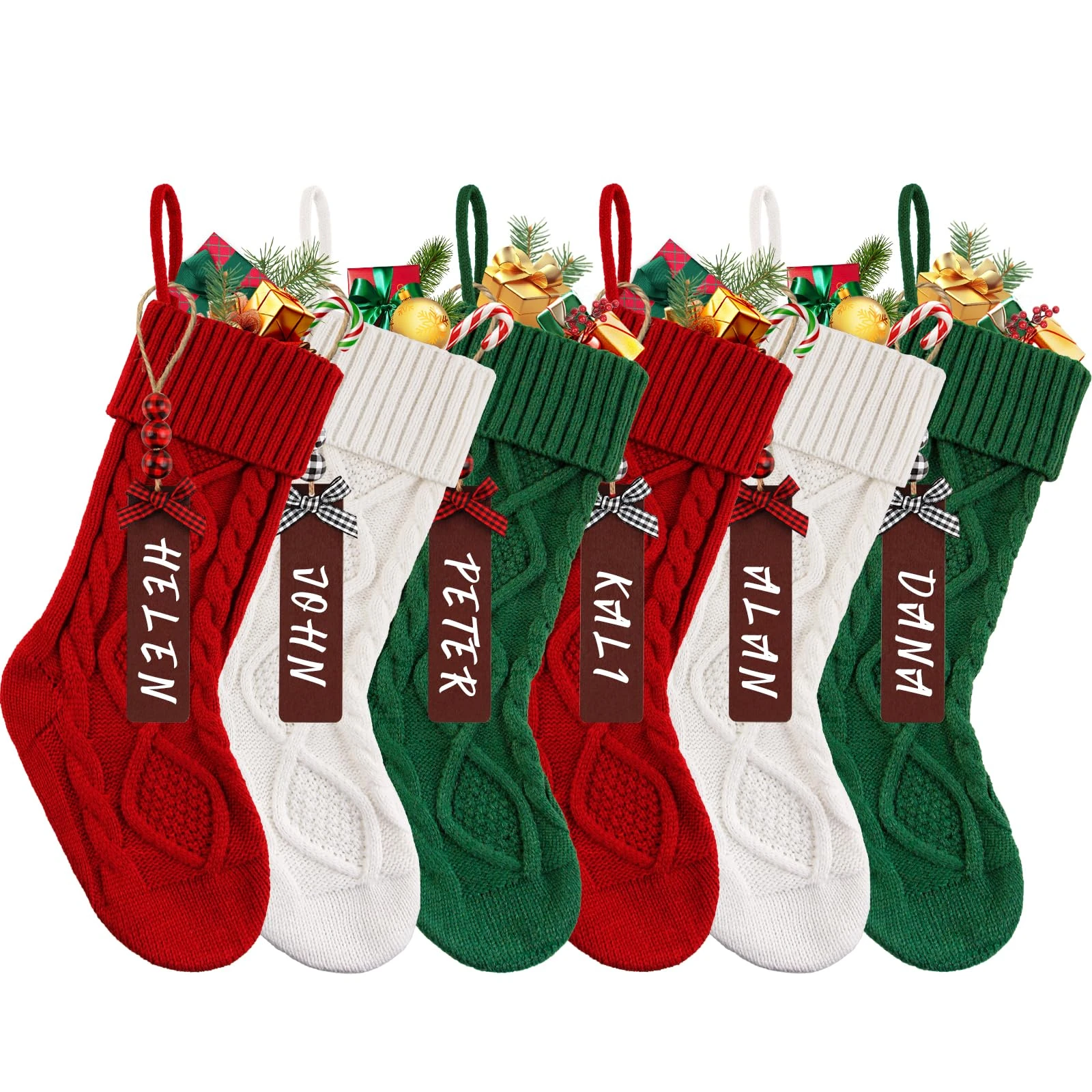 6PACK Christmas Stockings,18” Large Cable Knitted Customized Stocking Personalized Xmas Hanging Stocking Decorations with Name Tags for Holiday Christmas Party Family Decor