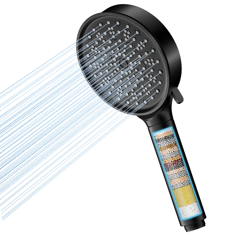 Hard Water Filter Shower Head with 6 Spray Modes, High Pressure Water Saving Shower Head with 20 Layers Filtration, Power Shower Heads with Showerhead Filter for Residual Chlorine Remove, Black