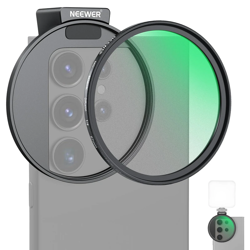 NEEWER 67mm 1/4 Black Diffusion Filter & Cold Shoe Phone Clip, Pouch & Lens Cleaning Cloth, Compatible with iPhone 17 16 16e 15 Pro Max Android Samsung Galaxy S25 Ultra