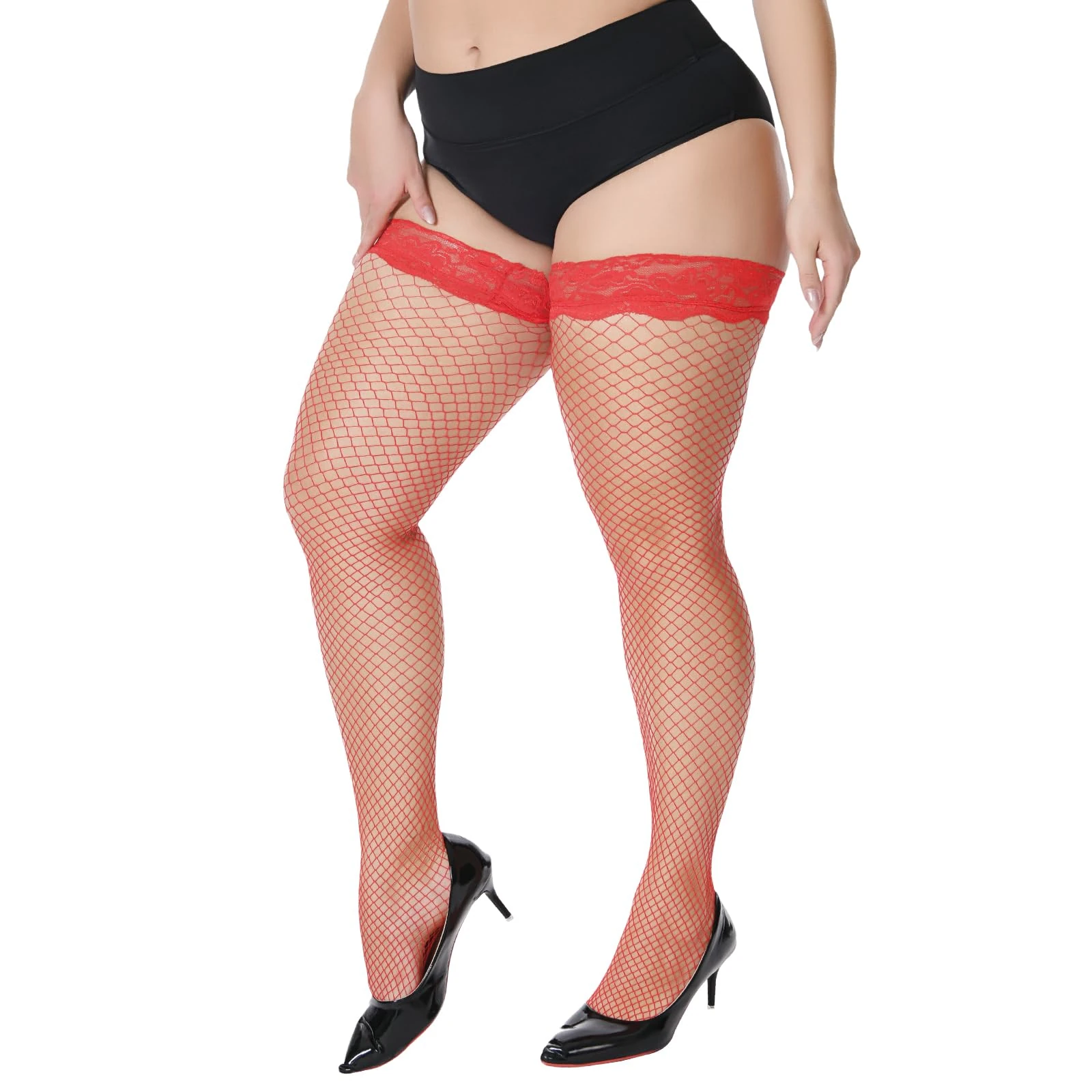 MANZI Plus Size Fishnet Stockings Hold Up Silicone Anti-skid Sexy Flora Lace Top Thigh High Lingerie Stockings for Women Red XXXL-XXXXL