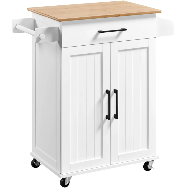 Yaheetech Kitchen Storage Trolley on Wheels With Bamboo Worktop, Rolling Kitchen Island Cart With Towel & Spice Rack for Dining Rooms, White