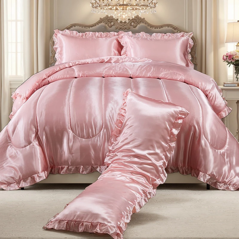 Satin King Comforter Set Silk Like Satin Bedding Set Hotel Soft Polyester Pink Bed Set Luxury Silky Pillow Cover with Quilt Set Ruffle Down Comforter Home Decor