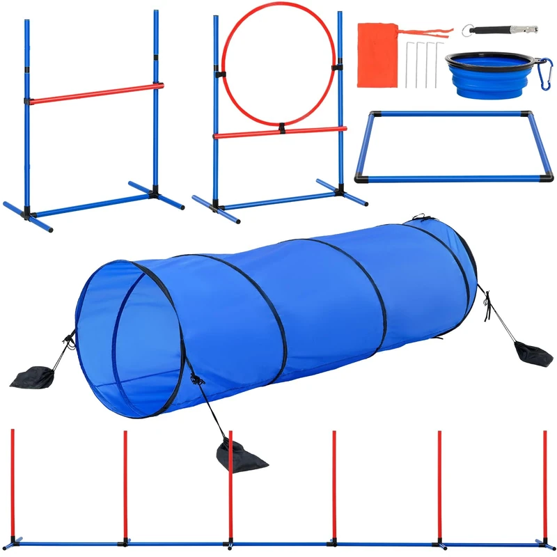 VEVOR Dog Agility Training Equipment, 5 PCS Set with Adjustable High Hurdles,6 Weave Poles, Tunnel, Jump Ring, Pause Box, Whistle, Foldable Bowl, Puppy Obstacle Course Kit with Storage Bags