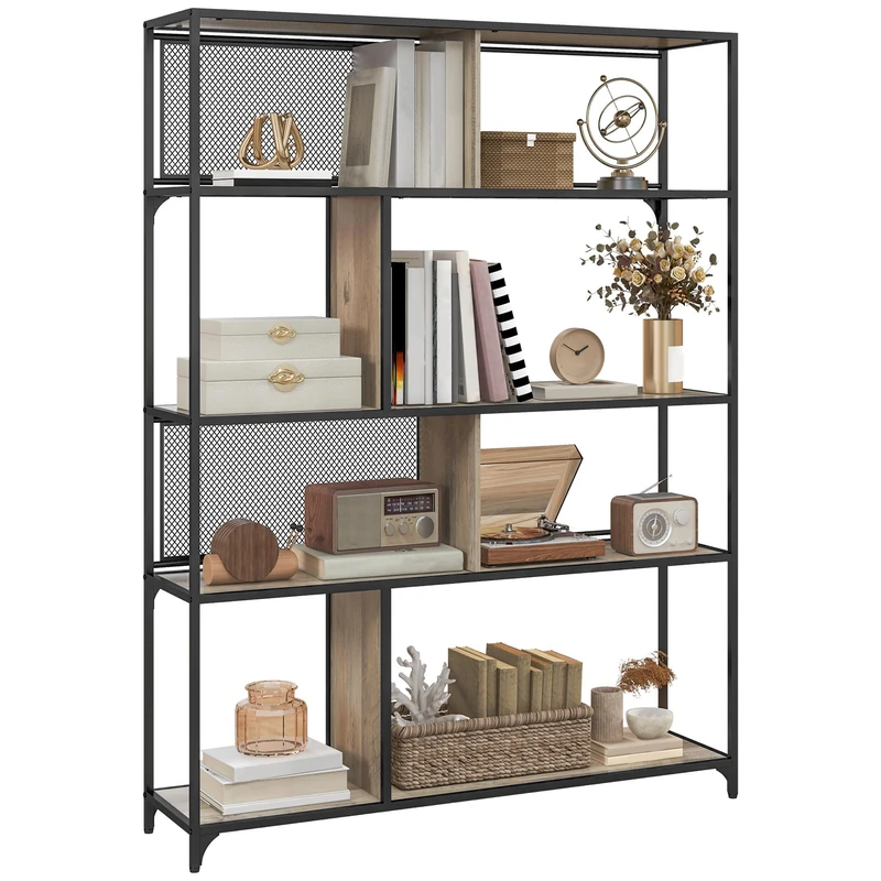 HOMCOM Bookcase Storage Unit Shelf with 5 Levels Sliding Doors Mesh Frame Steel Industrial Style for Living Room Bedroom Kitchen – 120 L x 30 W x 161 H cm Grey and Black
