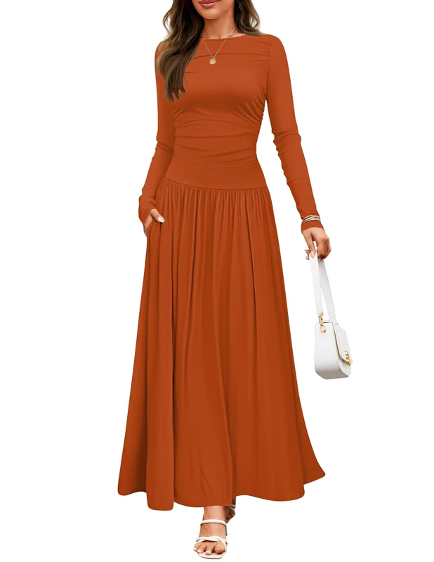 ZESICA Women's Long Sleeve Spring Maxi Dress 2025 Crewneck Knit Casual Slim Swing Pleated Dresses with Pockets, Rust, M