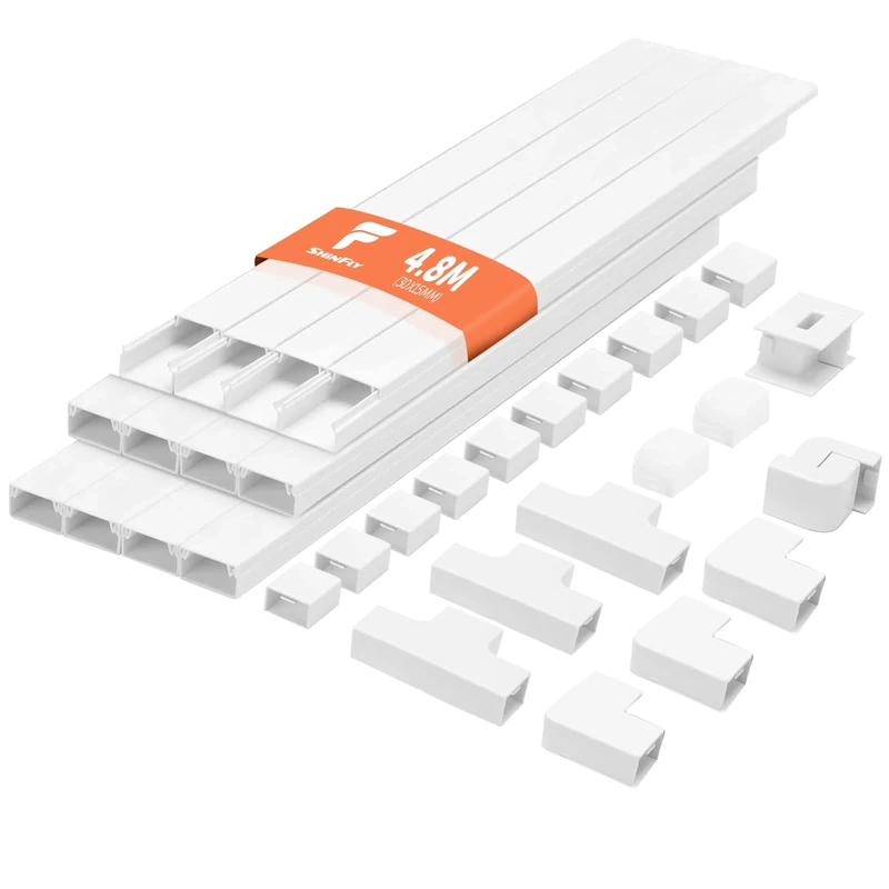 shinfly 4.8m Cable Trunking, Trunking for Electric Cables, Cable Cover, White Trunking for Hiding Cables, Self Adhesive Trunking for Wall, TV - White 30 mm x 15 mm