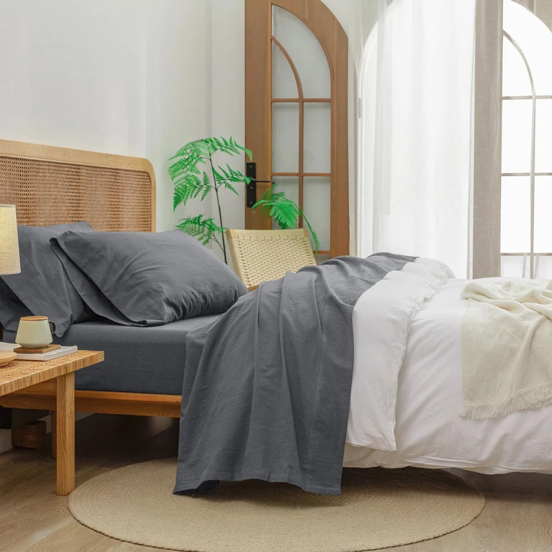 BESTOUCH Queen Washed Cotton Linen Feel Sheet Set 4 Pcs Quiet Shade Grey