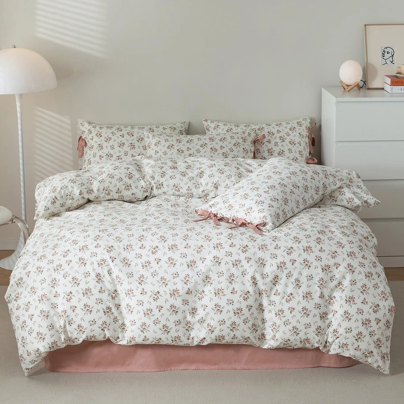 HighBuy Boho Floral Duvet Cover Full Girl Soft Cotton Pink Floral Bedding Set for Teen Dorm with 2 Bow Tie Pillowcases,Aesthetic Chic Comforter Cover Full with Zipper Closure,Room Decor Bedding