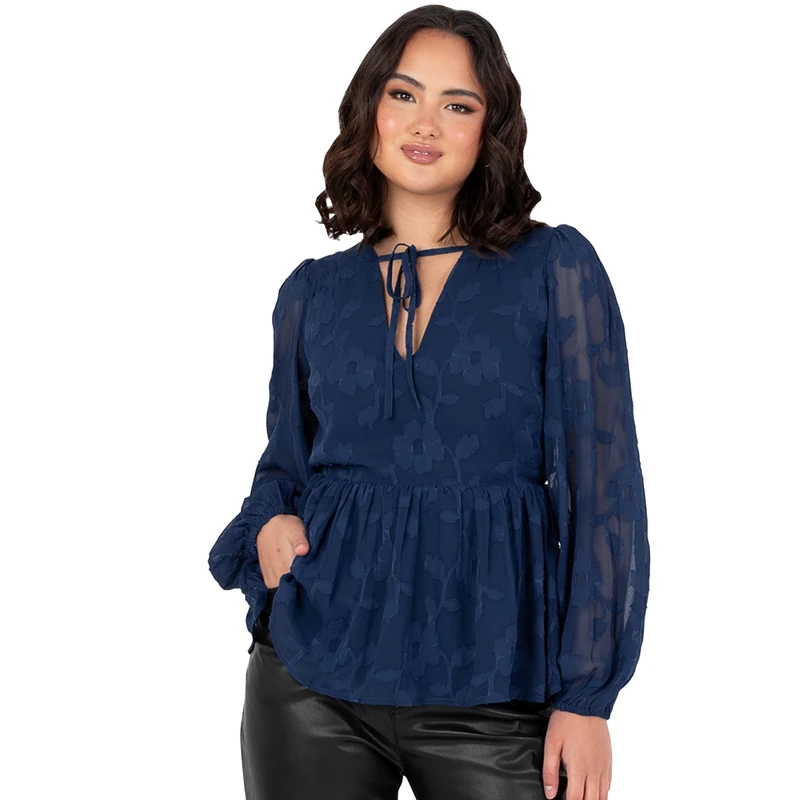 Women's Floral Top Ladies Blouse Long Balloon Sleeve V-Neck Peplum Chiffon Tie Front Smart Casual Office Wear, Navy Blue, 22 - Image 1
