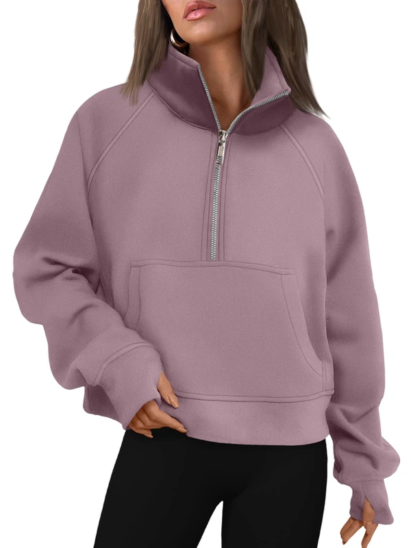AUTOMET Womens Sweatshirts Half Zip Cropped Pullover Fleece Quarter Zipper Hoodies 2025 Fall Fashion Outfits Clothes, Nutmeg, Medium