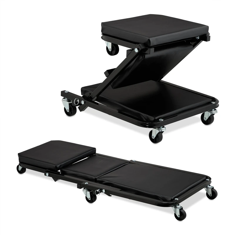 Relaxdays Folding Car Creeper Board, Heavy Duty Convertible Stool Crawler, 360° Rotatable, for Skateboard Repairs, Black, Plastic, Foam, Steel, 12 x 41 x 91 cm