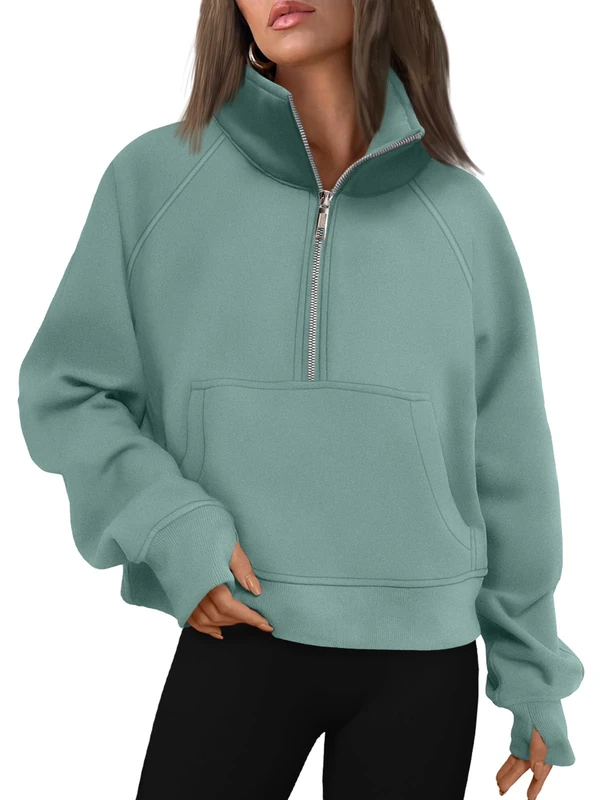 AUTOMET Womens Sweatshirts Half Zip Cropped Pullover Fleece Quarter Zipper Hoodies 2025 Fall Fashion Outfits Clothes, Lake, Large