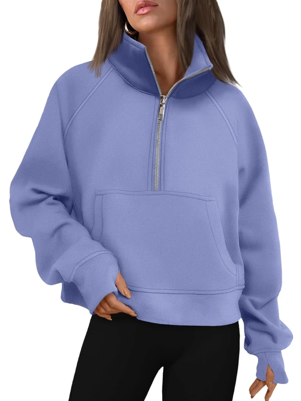 AUTOMET Womens Sweatshirts Half Zip Cropped Pullover Fleece Quarter Zipper Hoodies 2025 Fall Fashion Outfits Clothes, Blue Purple, Medium