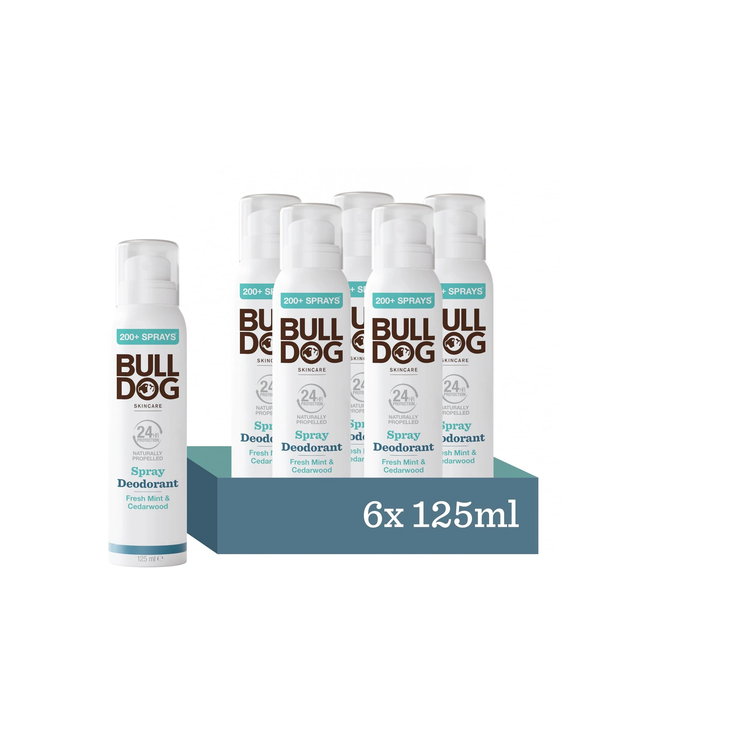 BULLDOG Skincare Fresh Mint & Cedarwood Spray Deodorant, 125 ml, Pack of 6