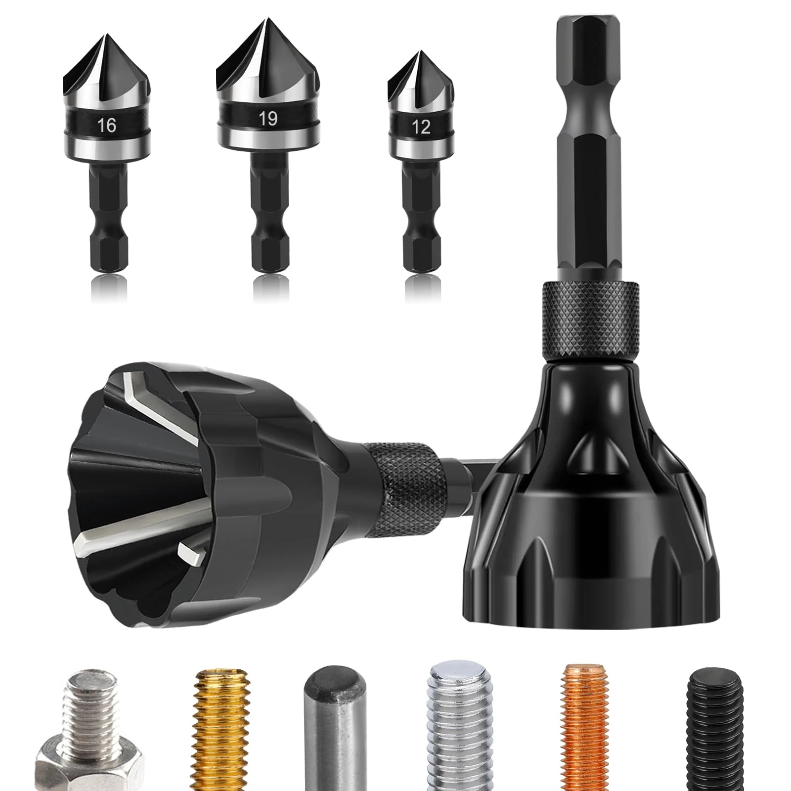 CYLBAQ Countersink Drill Bit Set With Deburring External Chamfer Tool, 12-19mm 5 Flute 90 Degree Chamfering Countersink Drill Bit for Metal, 3-20mm Damaged Bolts Deburring Drill Bit Remove Burr Tools